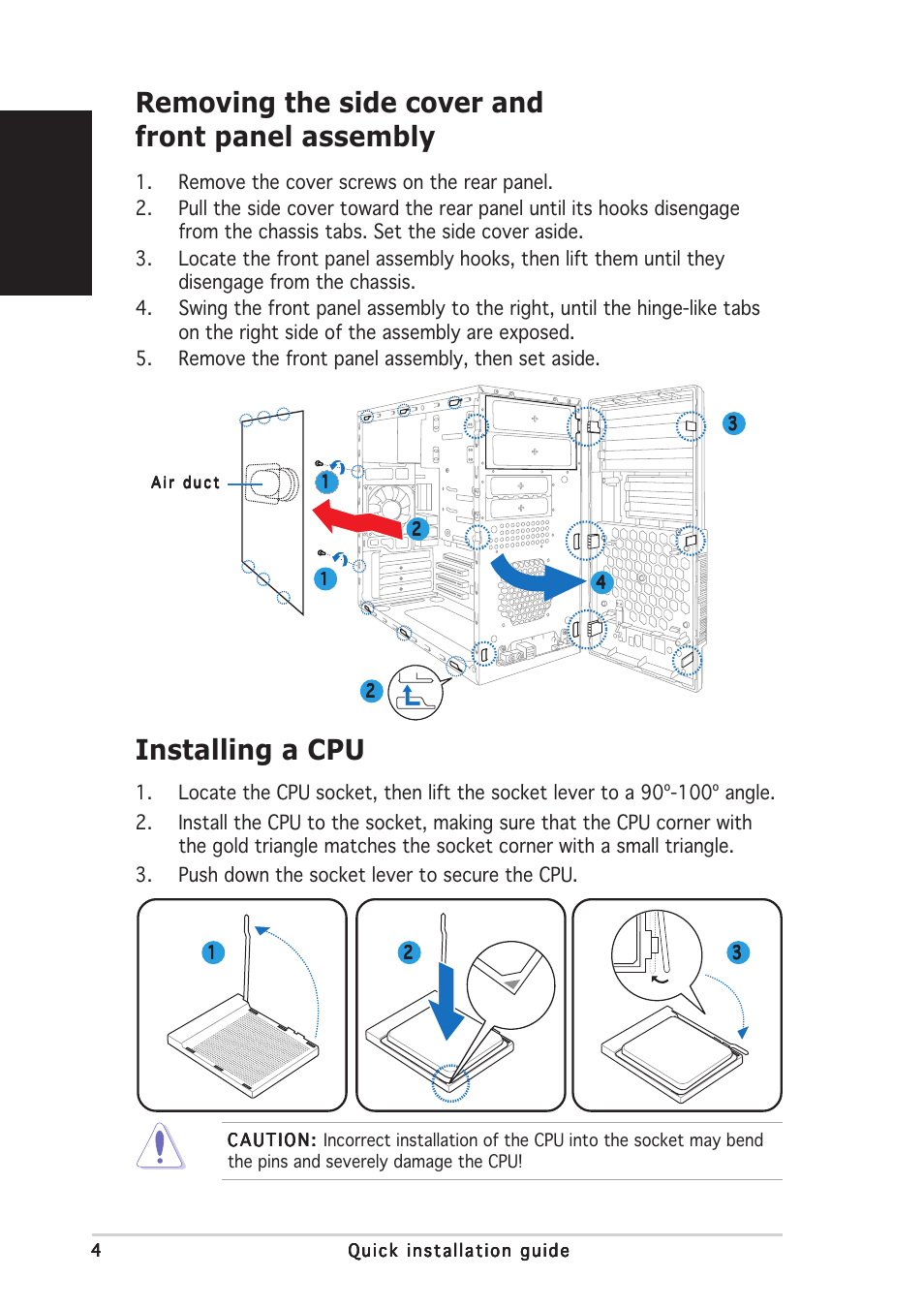 Removing the side cover and front panel assembly, Installing a cpu, English | Asus V2-AE1 User Manual | Page 4 / 80