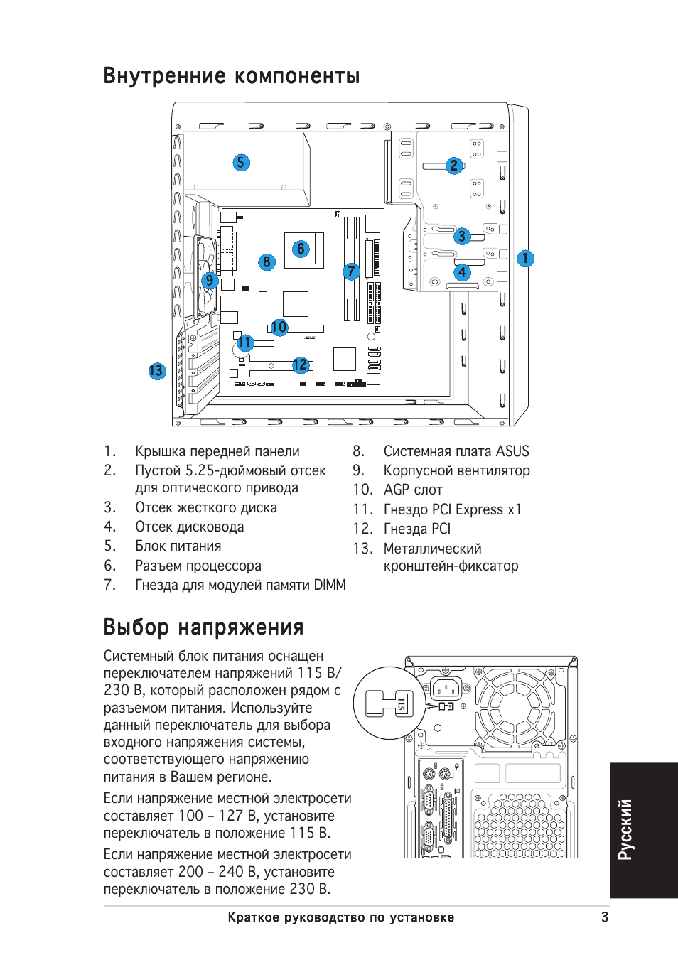 Нутренние компоненты, Ыбор напряжения, Усский | Asus V2-AE1 User Manual | Page 43 / 80