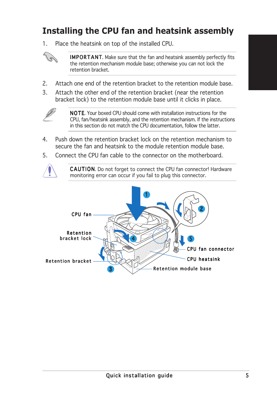 Installing the cpu fan and heatsink assembly, English | Asus V2-AE1 User Manual | Page 5 / 80