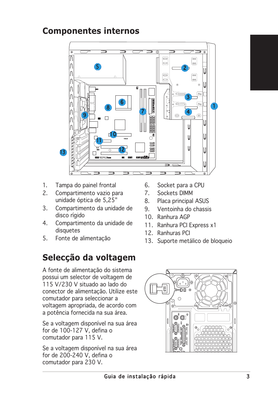 Componentes internos, Selecção da voltagem, Portugu ê s | Asus V2-AE1 User Manual | Page 51 / 80