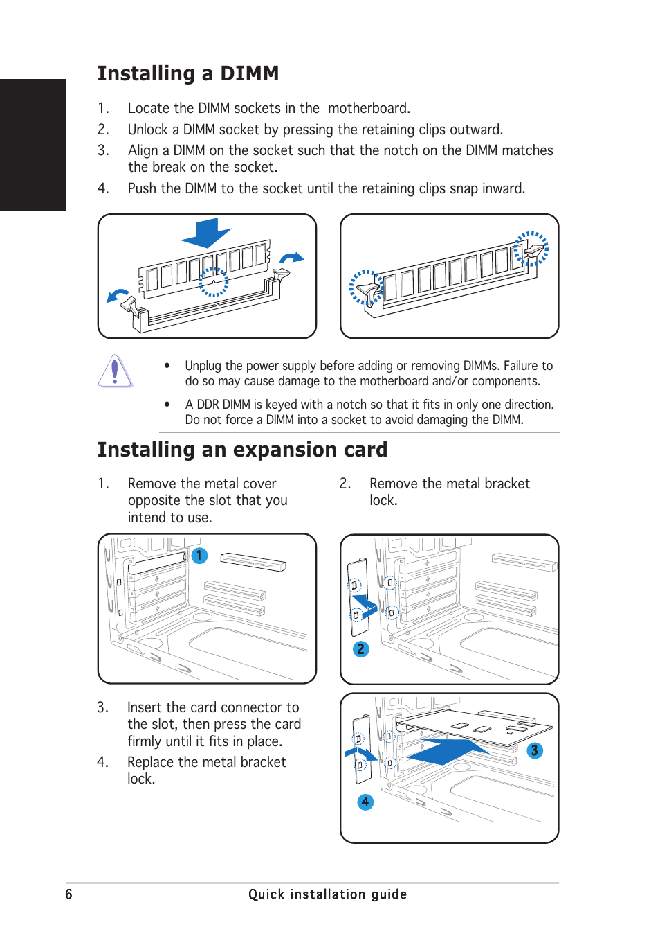 Installing an expansion card installing a dimm, English | Asus V2-AE1 User Manual | Page 6 / 80