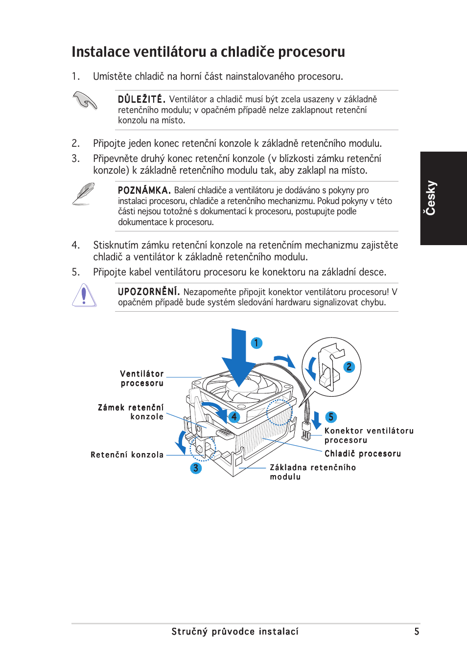 Instalace ventilátoru a chladiče procesoru, Česky | Asus V2-AE1 User Manual | Page 61 / 80