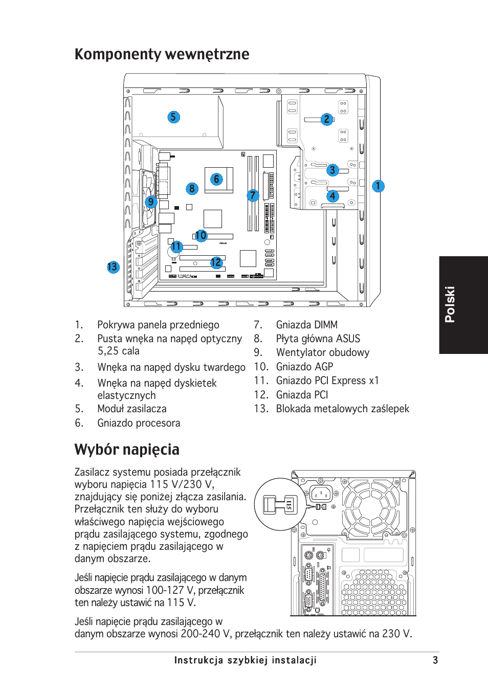 Komponenty wewnętrzne, Wybór napięcia, Polski | Asus V2-AE1 User Manual | Page 67 / 80