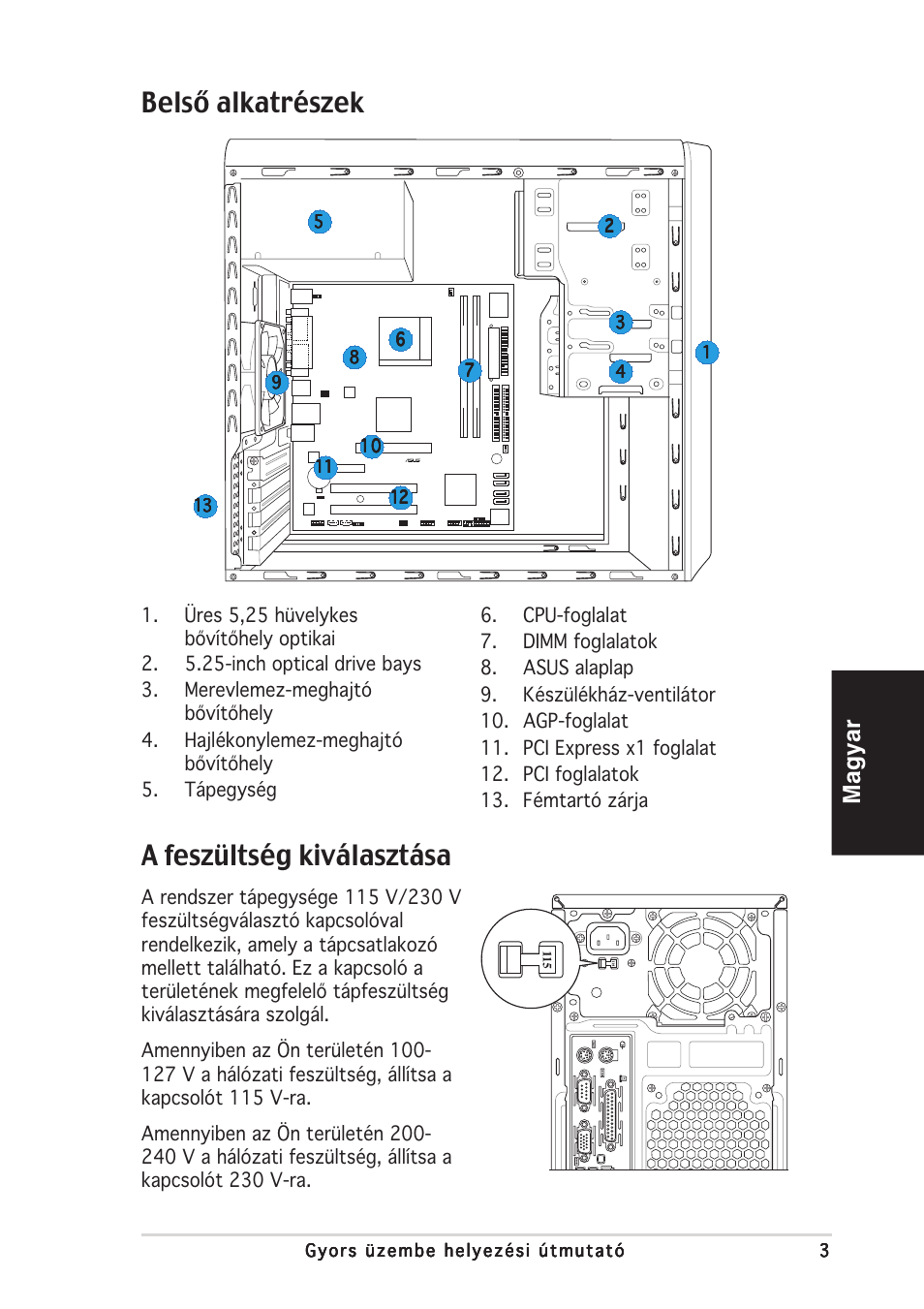 Belső alkatrészek, A feszültség kiválasztása, Magyar | Asus V2-AE1 User Manual | Page 75 / 80