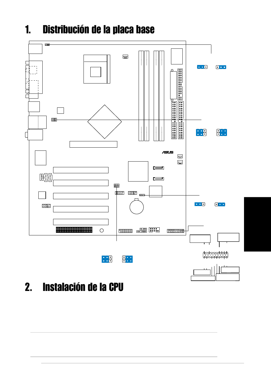 Instalación de la cpu, Distribución de la placa base, Espa ñ ol | Placa base asus p4p8x, Intel ich5, Pci1, Pci2 pci3 pci4 pci5, Panel | Asus P4P8X User Manual | Page 11 / 16