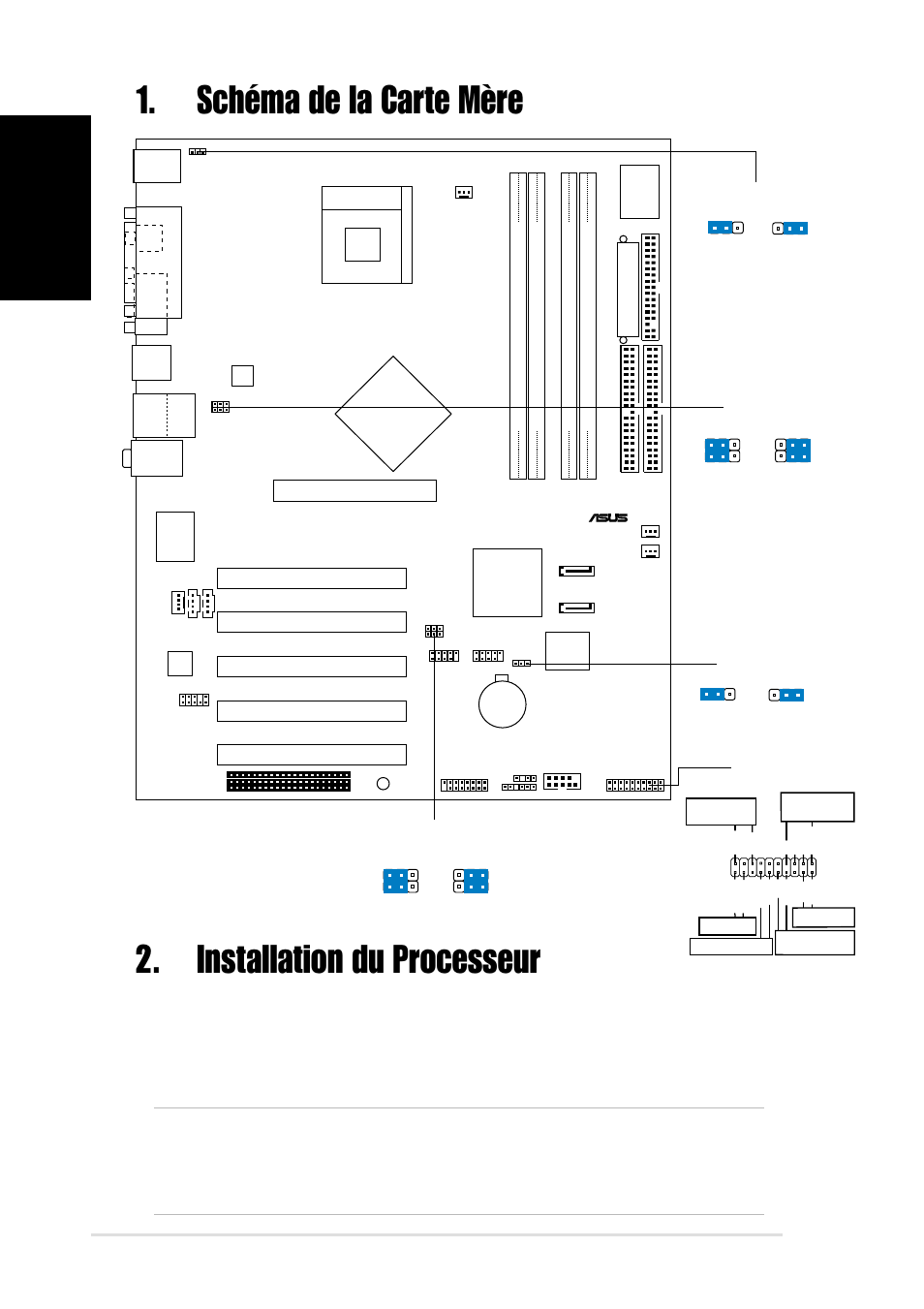 Installation du processeur, Schéma de la carte mère, Français | Carte mère asus p4p8x, Intel ich5, Pci1, Pci2 pci3 pci4 pci5, Panel | Asus P4P8X User Manual | Page 2 / 16