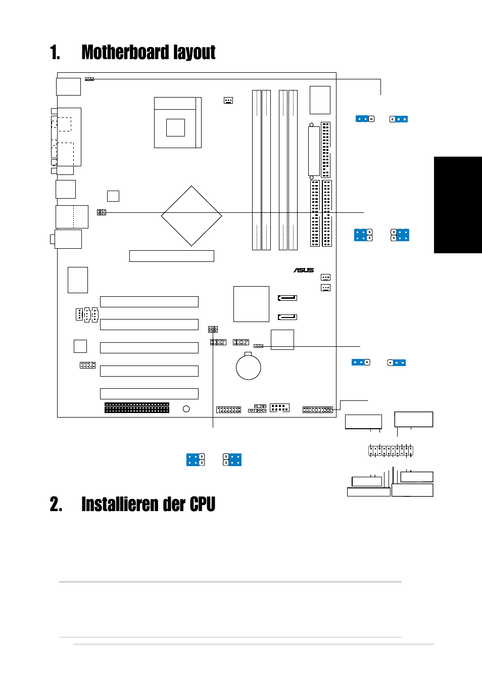 Installieren der cpu, Motherboard layout, Deutsch | Asus p4p8x-motherboard, Intel ich5, Pci1, Pci2 pci3 pci4 pci5, Panel | Asus P4P8X User Manual | Page 5 / 16