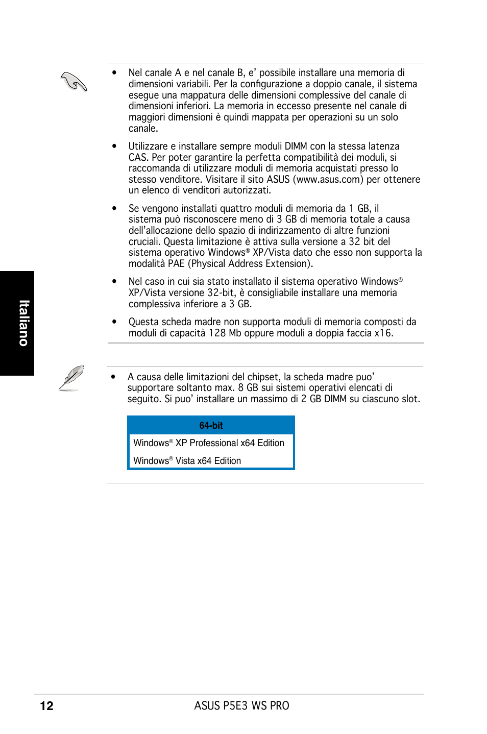 Italiano | Asus P5E3 WS Professional User Manual | Page 12 / 50