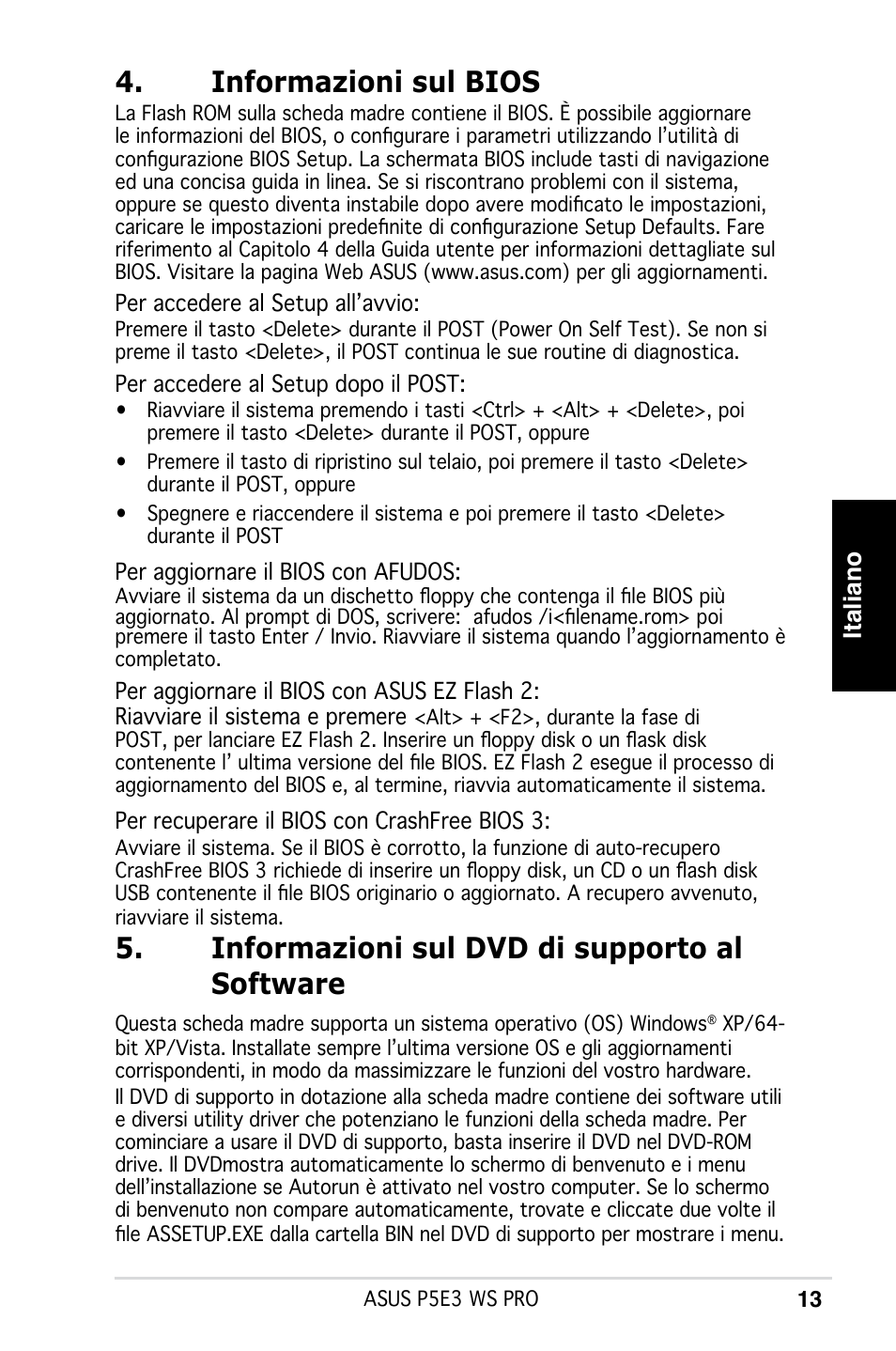 Informazioni sul bios, Informazioni sul dvd di supporto al software, Italiano | Asus P5E3 WS Professional User Manual | Page 13 / 50