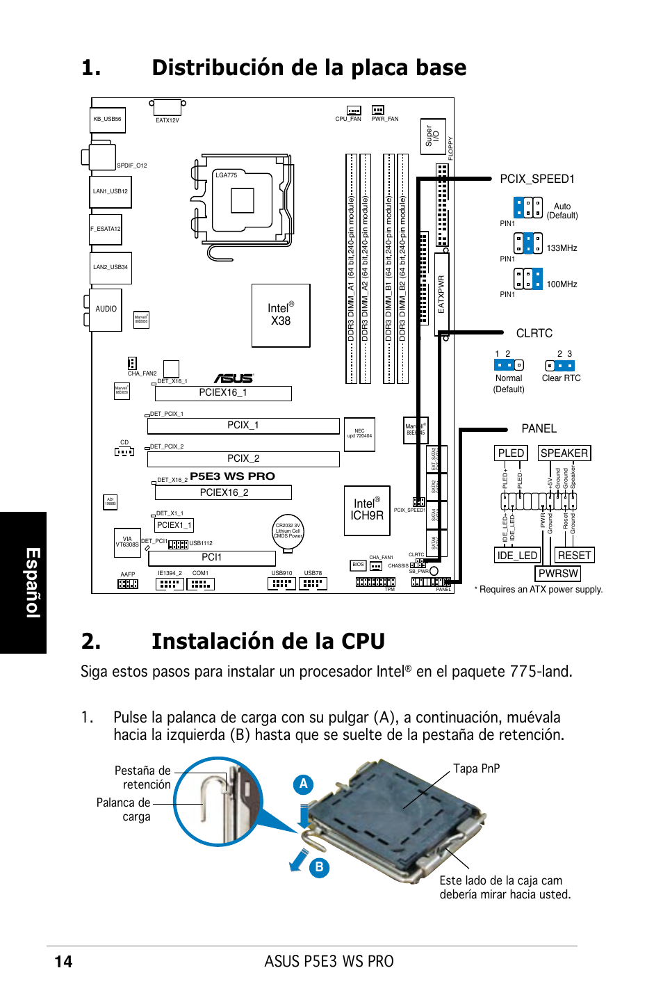 Español, Asus p5e3 ws pro, Siga estos pasos para instalar un procesador intel | Ab b, Intel, Ich9r, Panel, Pcix_speed1 clrtc, Reset, Pwrsw | Asus P5E3 WS Professional User Manual | Page 14 / 50