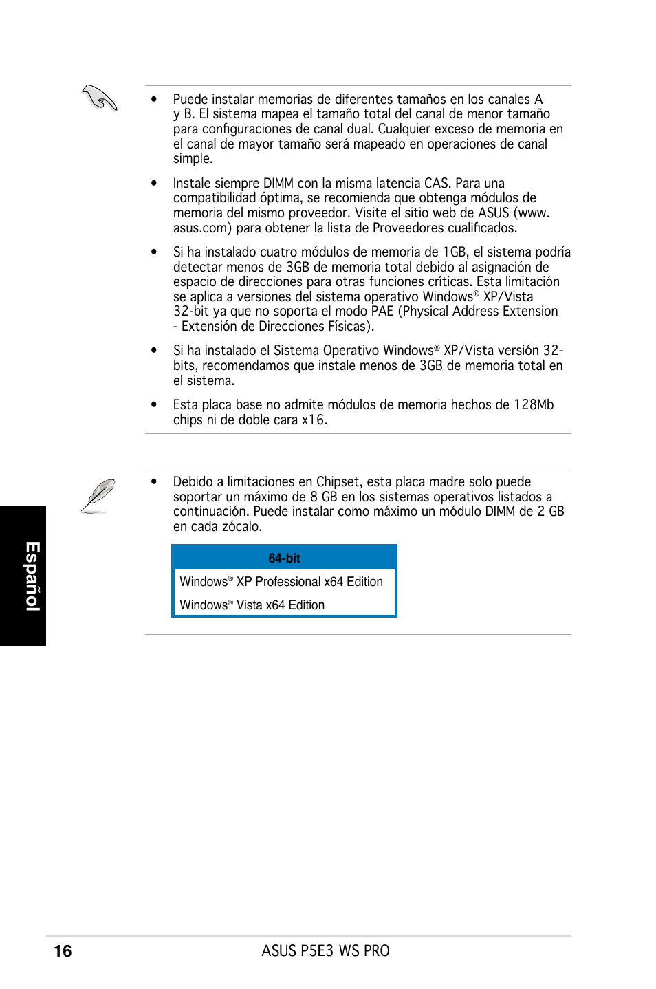 Español | Asus P5E3 WS Professional User Manual | Page 16 / 50