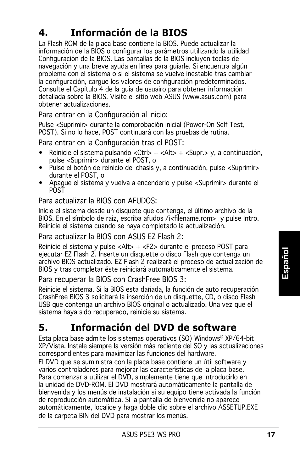 Información de la bios, Información del dvd de software, Español | Asus P5E3 WS Professional User Manual | Page 17 / 50