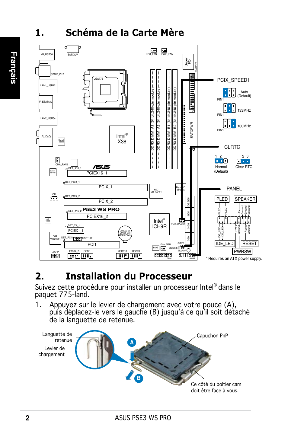 Français, Asus p5e3 ws pro, Ab b | Intel, Ich9r, Panel, Pcix_speed1 clrtc, Reset, Pwrsw, Ide_led pled speaker | Asus P5E3 WS Professional User Manual | Page 2 / 50