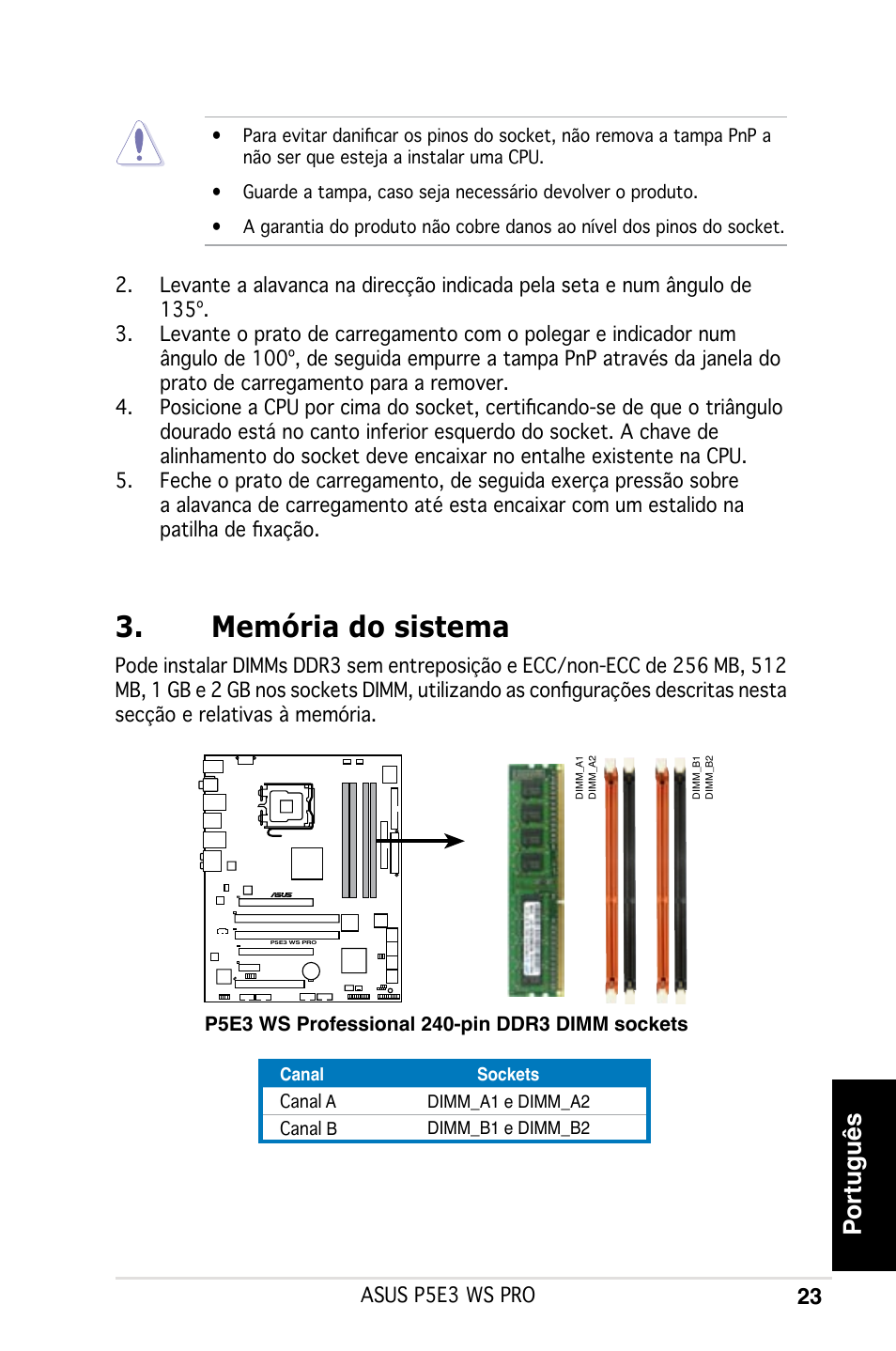 Memória do sistema, Português | Asus P5E3 WS Professional User Manual | Page 23 / 50