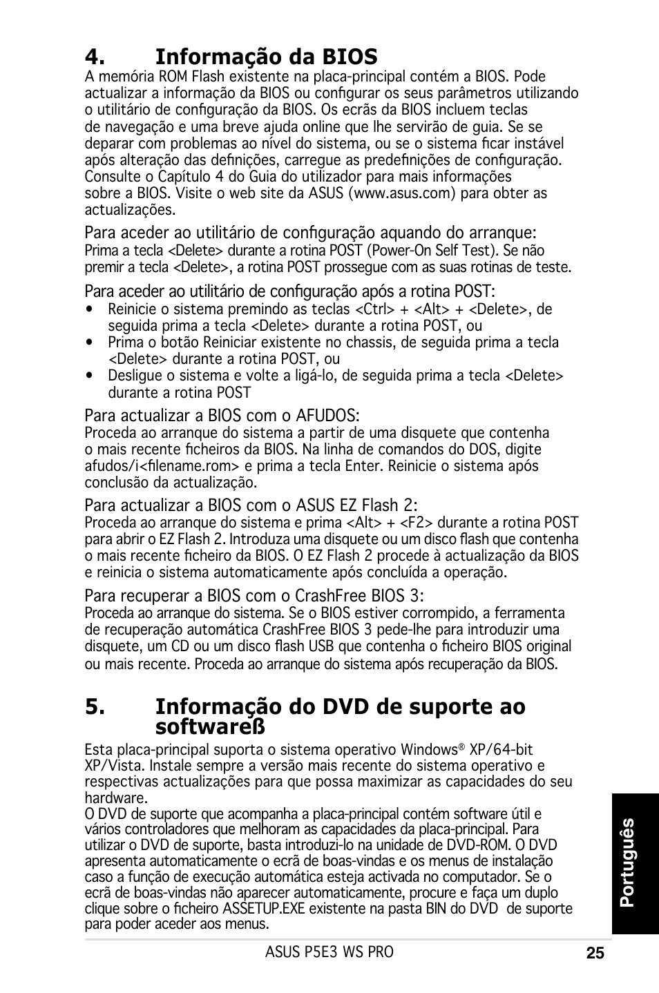 Informação da bios, Informação do dvd de suporte ao softwareß, Português | Asus P5E3 WS Professional User Manual | Page 25 / 50