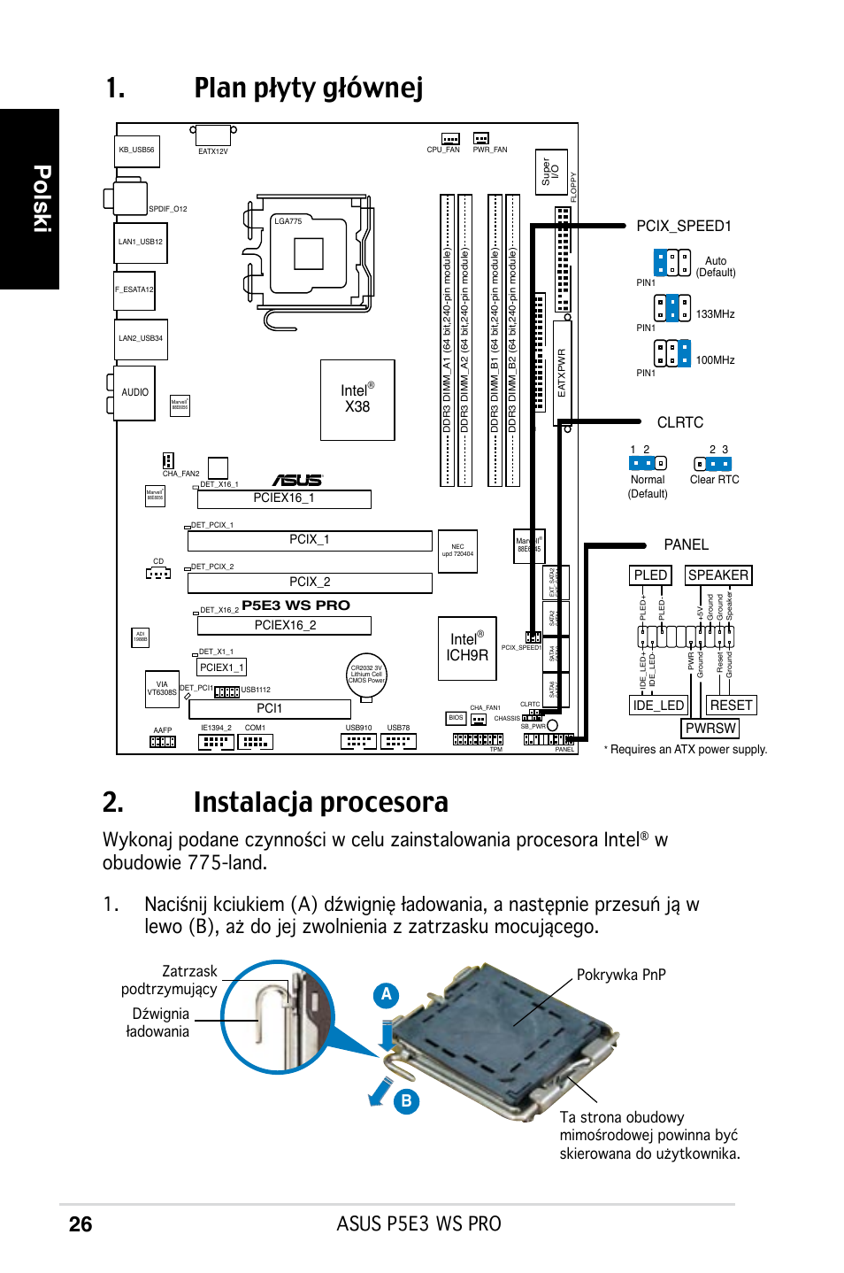 Plan płyty głównej 2. instalacja procesora, Polski, Asus p5e3 ws pro | Ab b, Intel, Ich9r, Panel, Pcix_speed1 clrtc, Reset, Pwrsw | Asus P5E3 WS Professional User Manual | Page 26 / 50