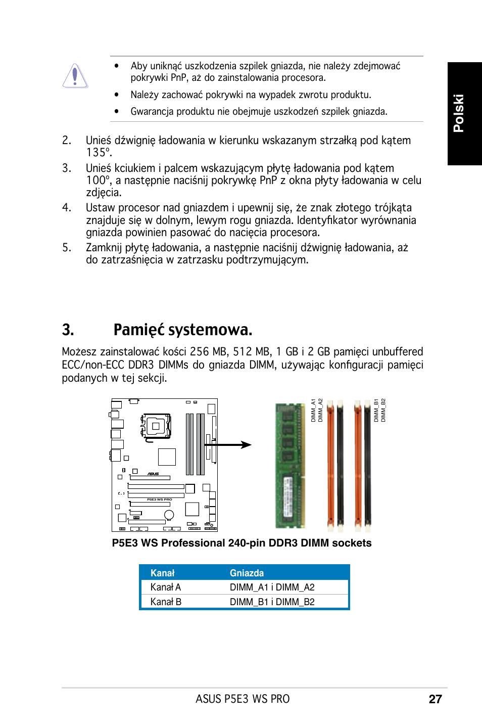 Pamięć systemowa, Polski | Asus P5E3 WS Professional User Manual | Page 27 / 50