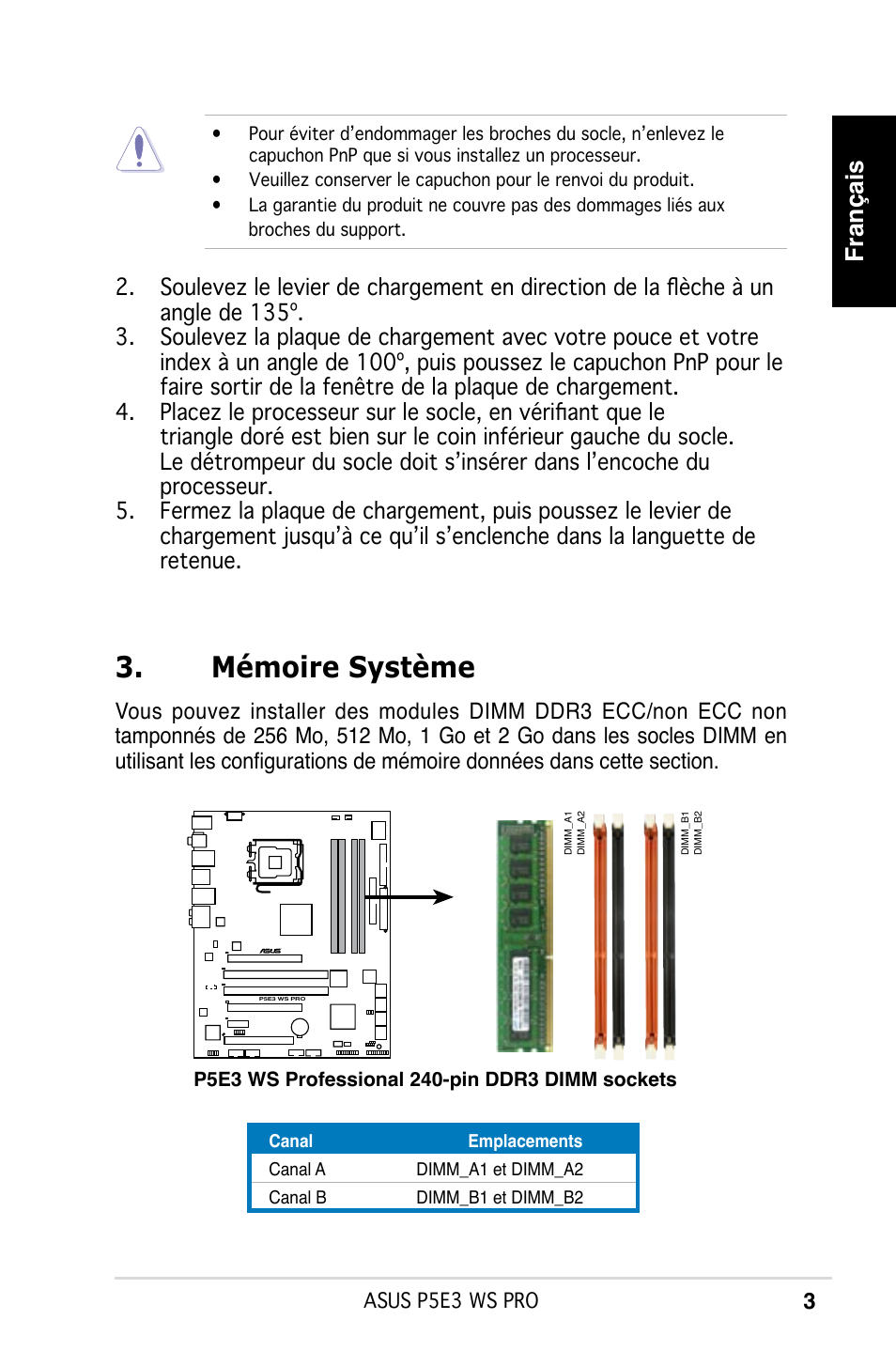 Mémoire système, Français | Asus P5E3 WS Professional User Manual | Page 3 / 50