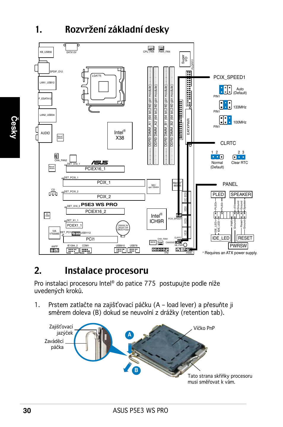 Rozvržení základní desky 2. instalace procesoru, Česky, Asus p5e3 ws pro | Pro instalaci procesoru intel, Ab b, Intel, Ich9r, Panel, Pcix_speed1 clrtc, Reset | Asus P5E3 WS Professional User Manual | Page 30 / 50