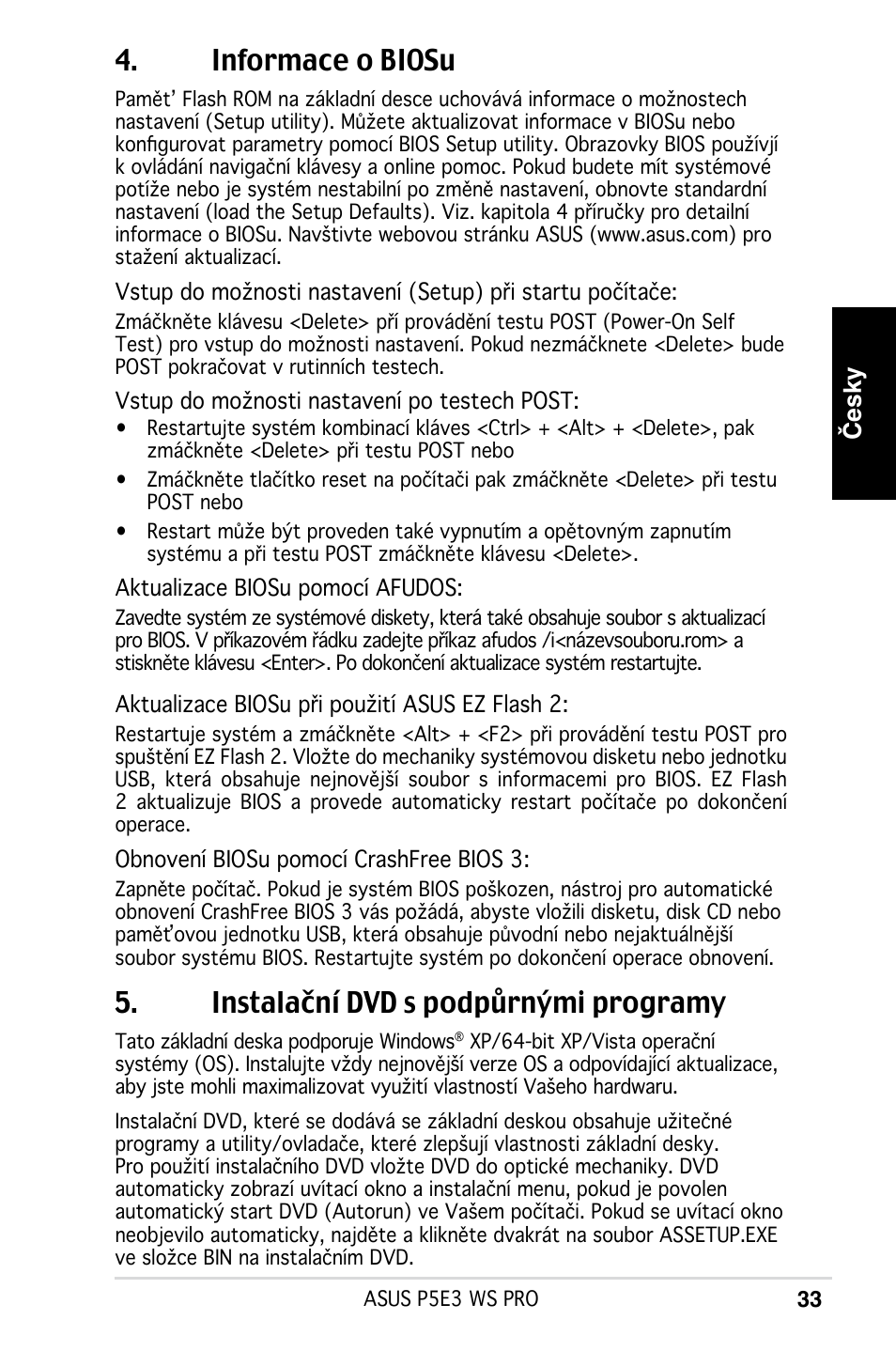 Informace o biosu, Instalační dvd s podpůrnými programy, Česky | Asus P5E3 WS Professional User Manual | Page 33 / 50