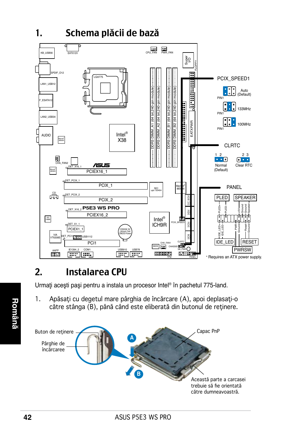 Schema plăcii de bază 2. instalarea cpu, Română, Asus p5e3 ws pro | Ab b, Intel, Ich9r, Panel, Pcix_speed1 clrtc, Reset, Pwrsw | Asus P5E3 WS Professional User Manual | Page 42 / 50