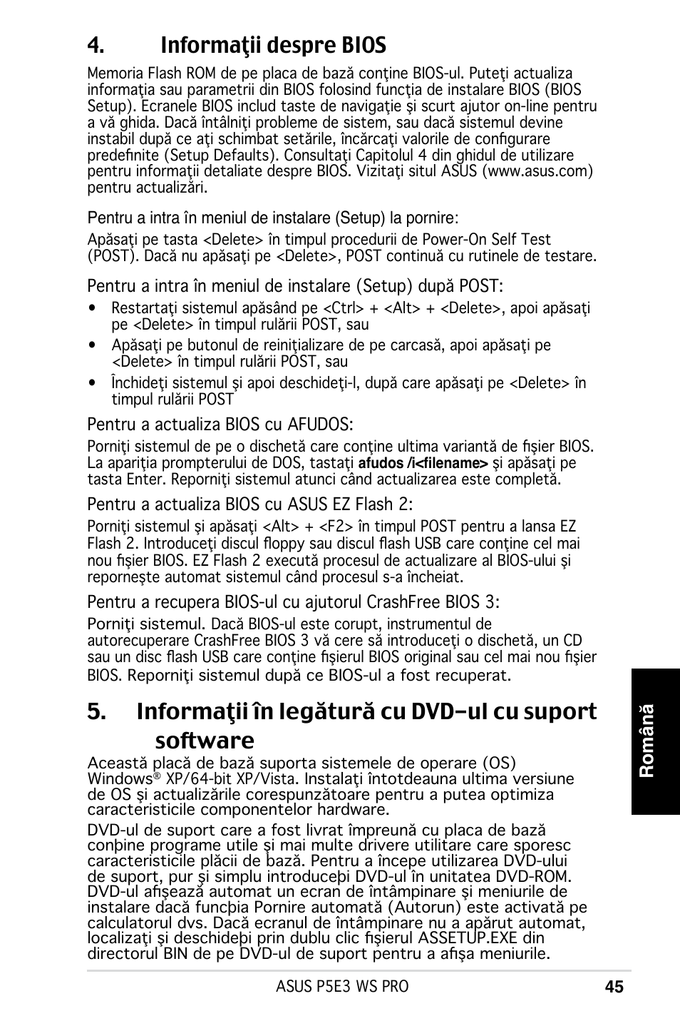 Informaţii despre bios, Română | Asus P5E3 WS Professional User Manual | Page 45 / 50