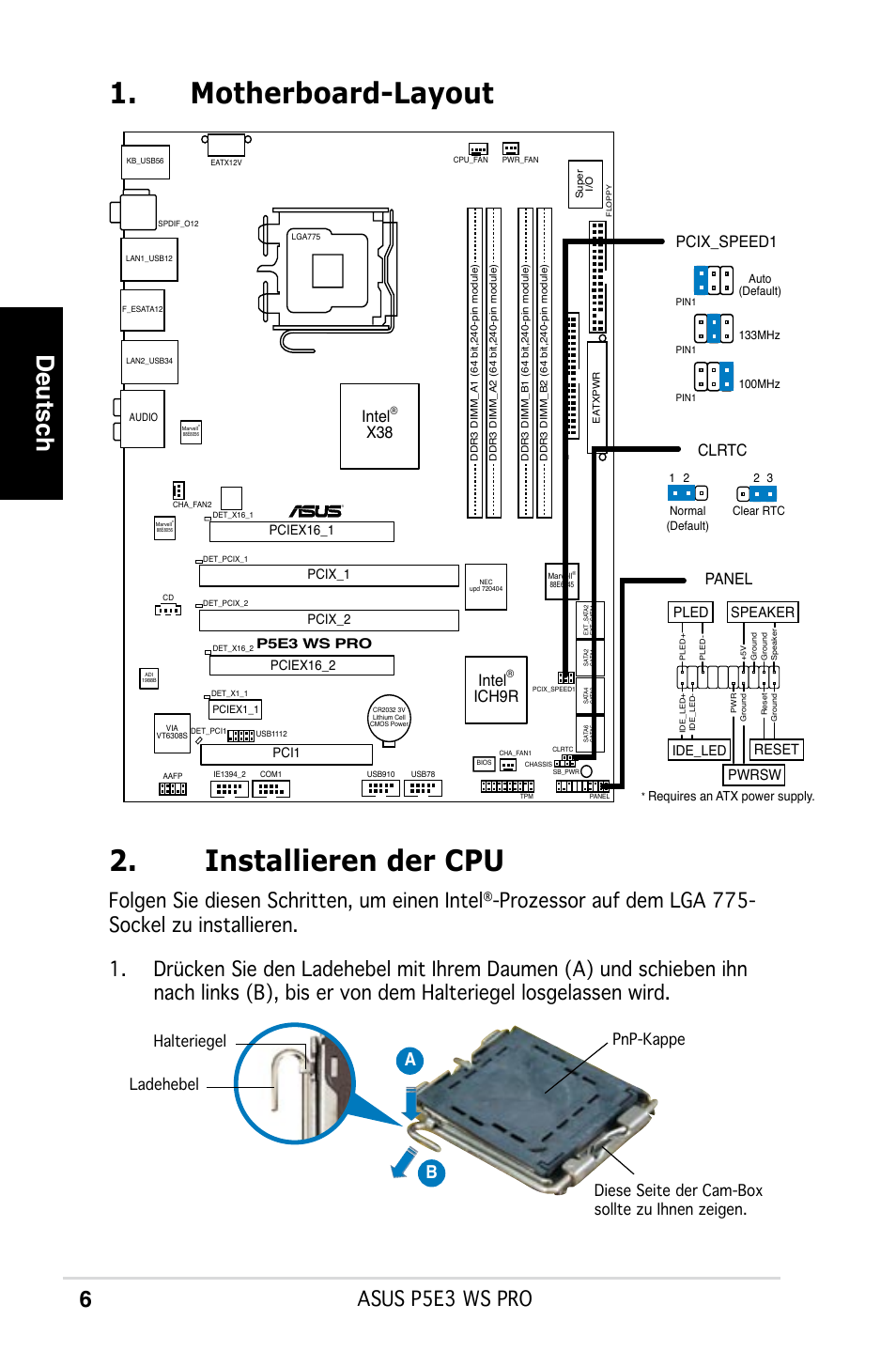 Motherboard-layout 2. installieren der cpu, Deutsch, Asus p5e3 ws pro | Folgen sie diesen schritten, um einen intel, Ab b, Intel, Ich9r, Panel, Pcix_speed1 clrtc, Reset | Asus P5E3 WS Professional User Manual | Page 6 / 50