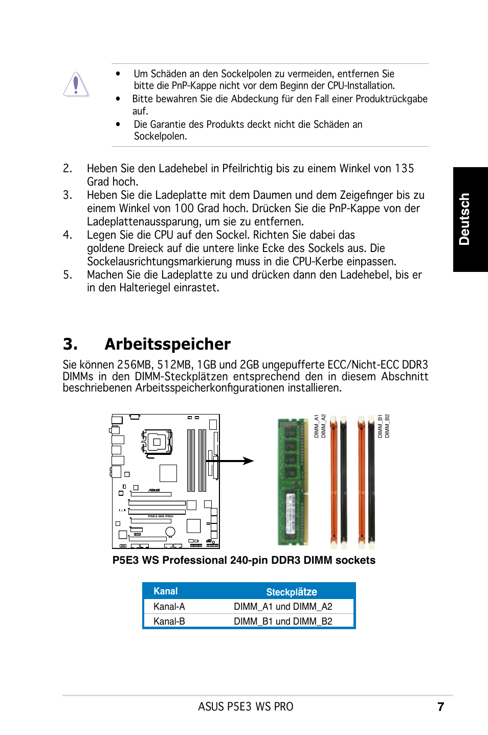 Arbeitsspeicher, Deutsch | Asus P5E3 WS Professional User Manual | Page 7 / 50