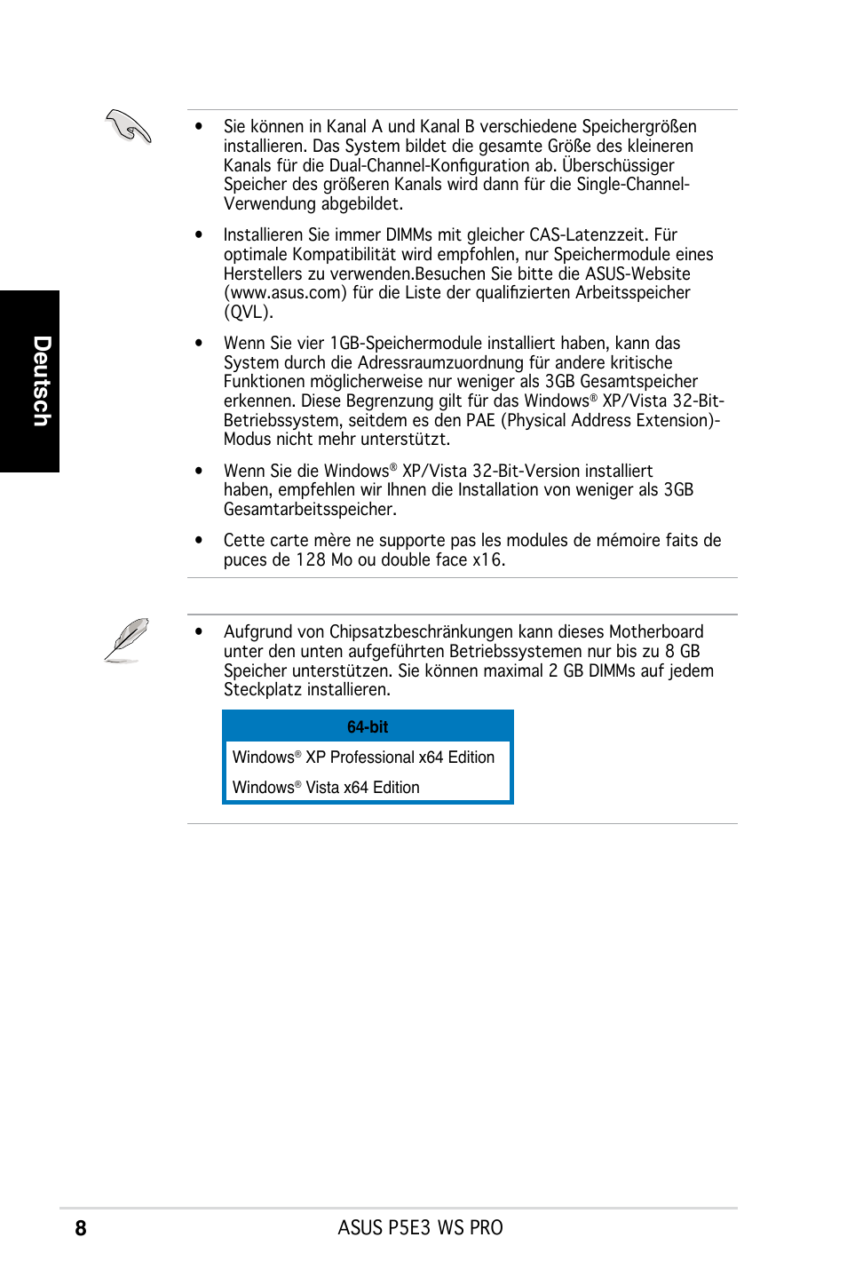 Deutsch | Asus P5E3 WS Professional User Manual | Page 8 / 50