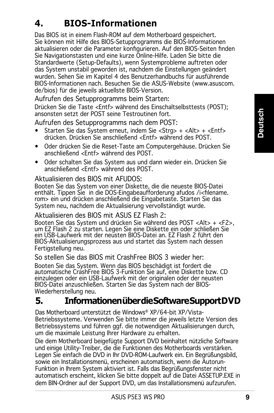 Bios-informationen, Informationen über die software support dvd, Deutsch | Asus P5E3 WS Professional User Manual | Page 9 / 50