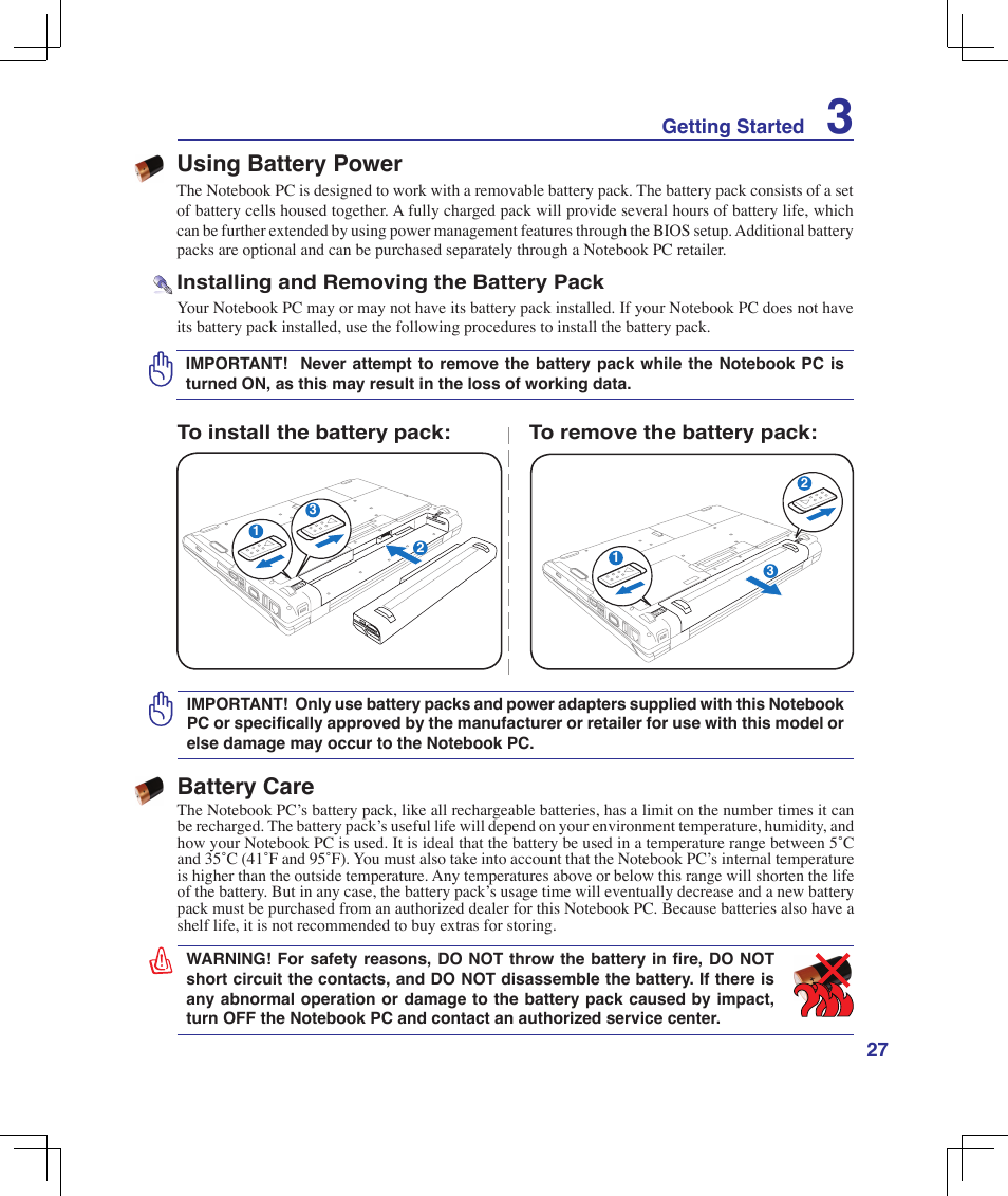 Using battery power, Battery care | Asus B50A User Manual | Page 27 / 93