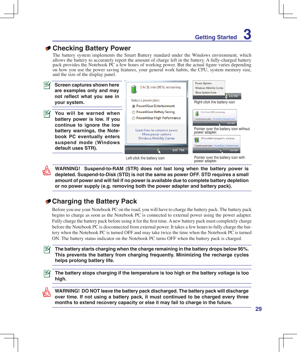 Checking battery power, Charging the battery pack | Asus B50A User Manual | Page 29 / 93