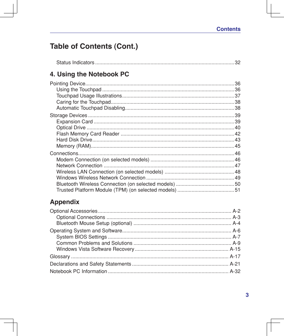 Table of contents (cont.) | Asus B50A User Manual | Page 3 / 93