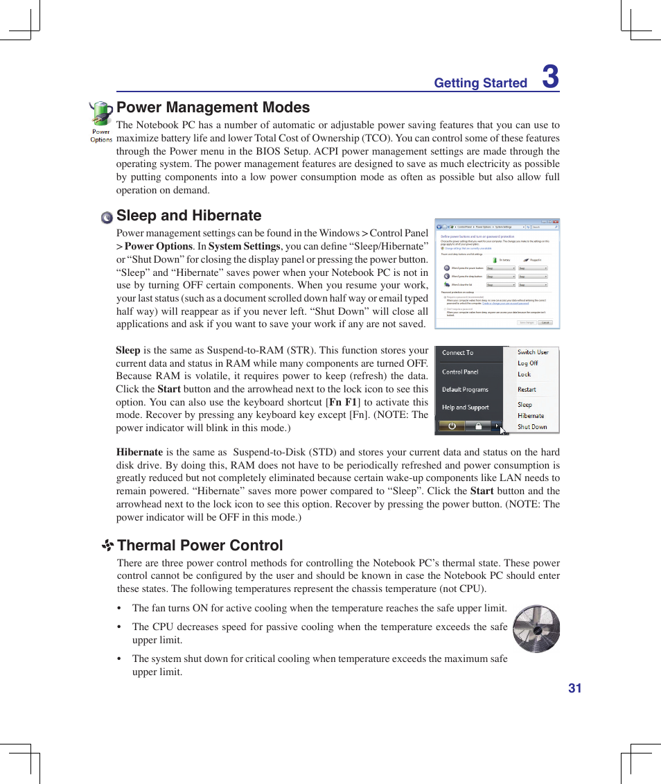 Power management modes, Sleep and hibernate, Thermal power control | Asus B50A User Manual | Page 31 / 93