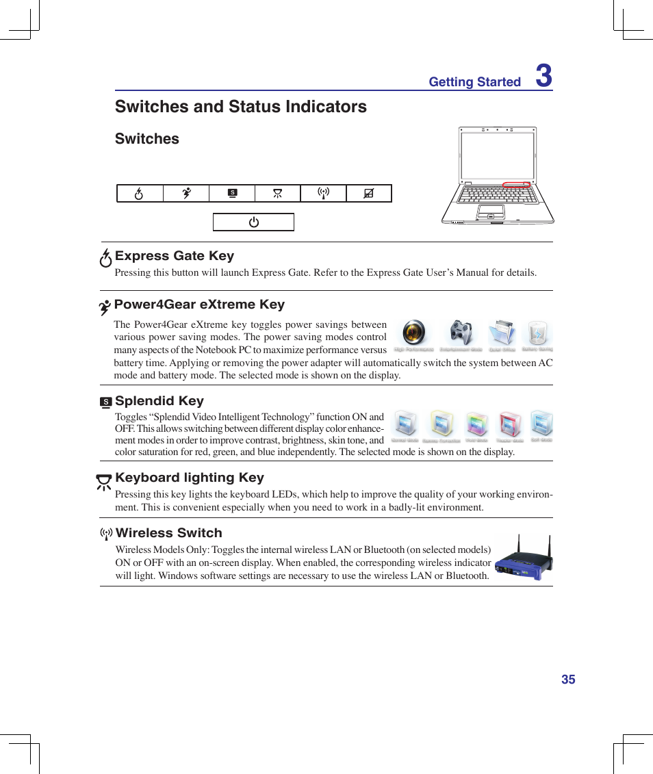 Switches and status indicators, Switches | Asus B50A User Manual | Page 35 / 93