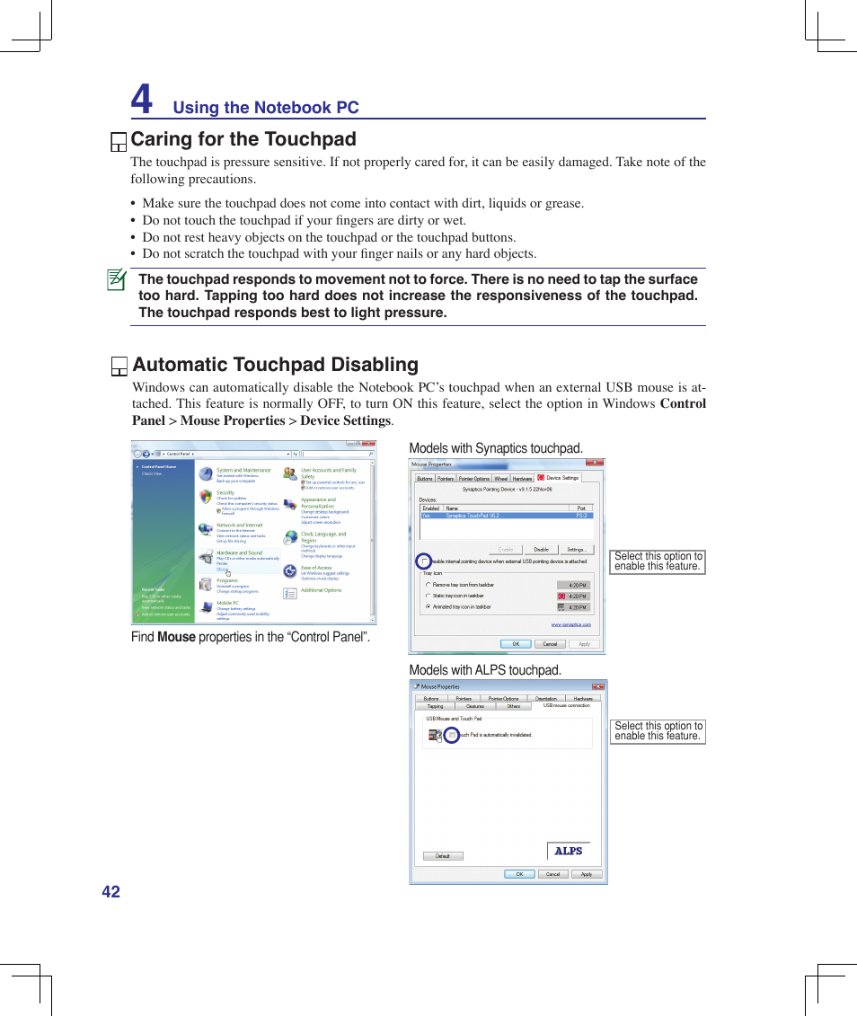 Caring for the touchpad, Automatic touchpad disabling | Asus B50A User Manual | Page 42 / 93