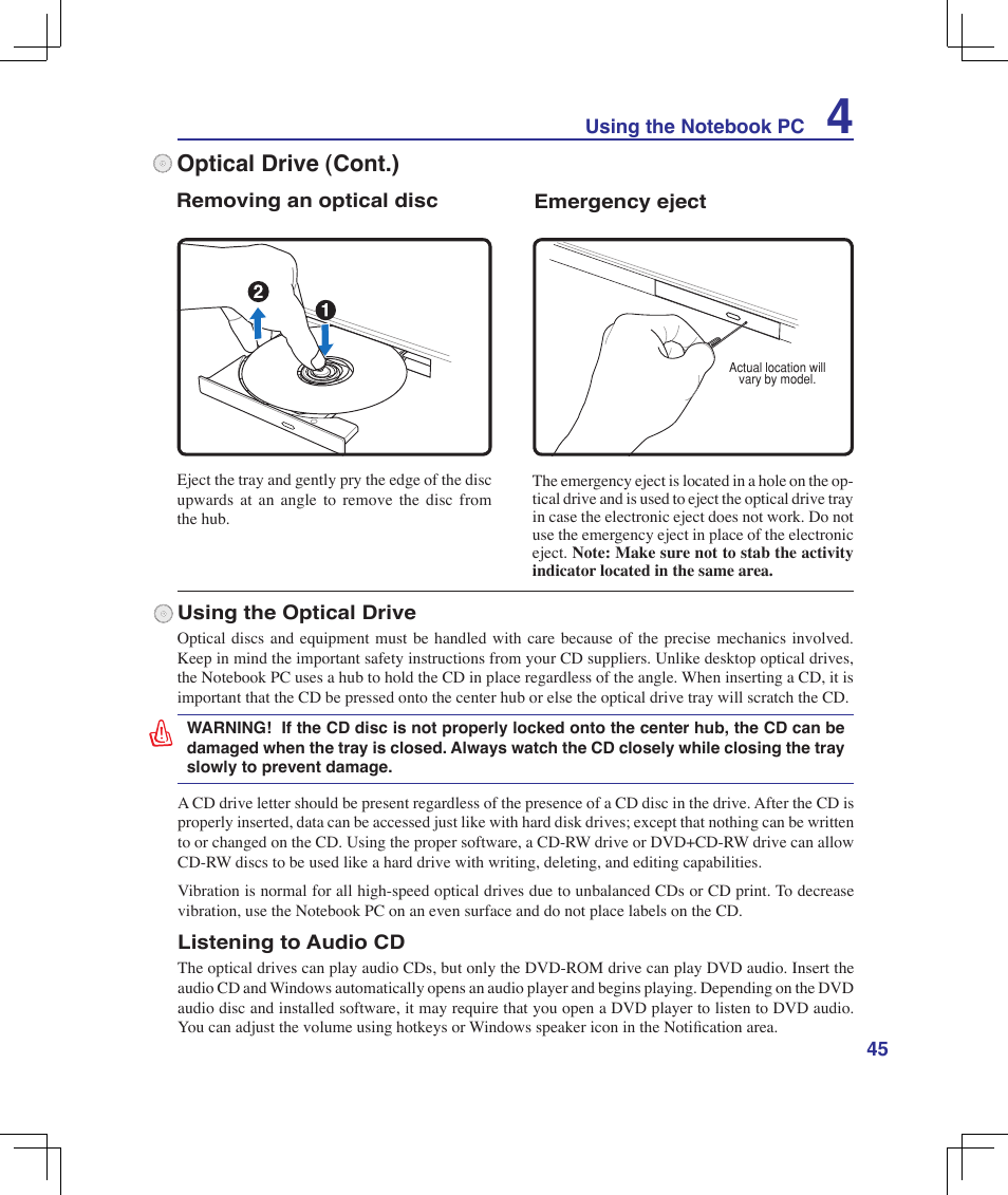 Optical drive (cont.) | Asus B50A User Manual | Page 45 / 93