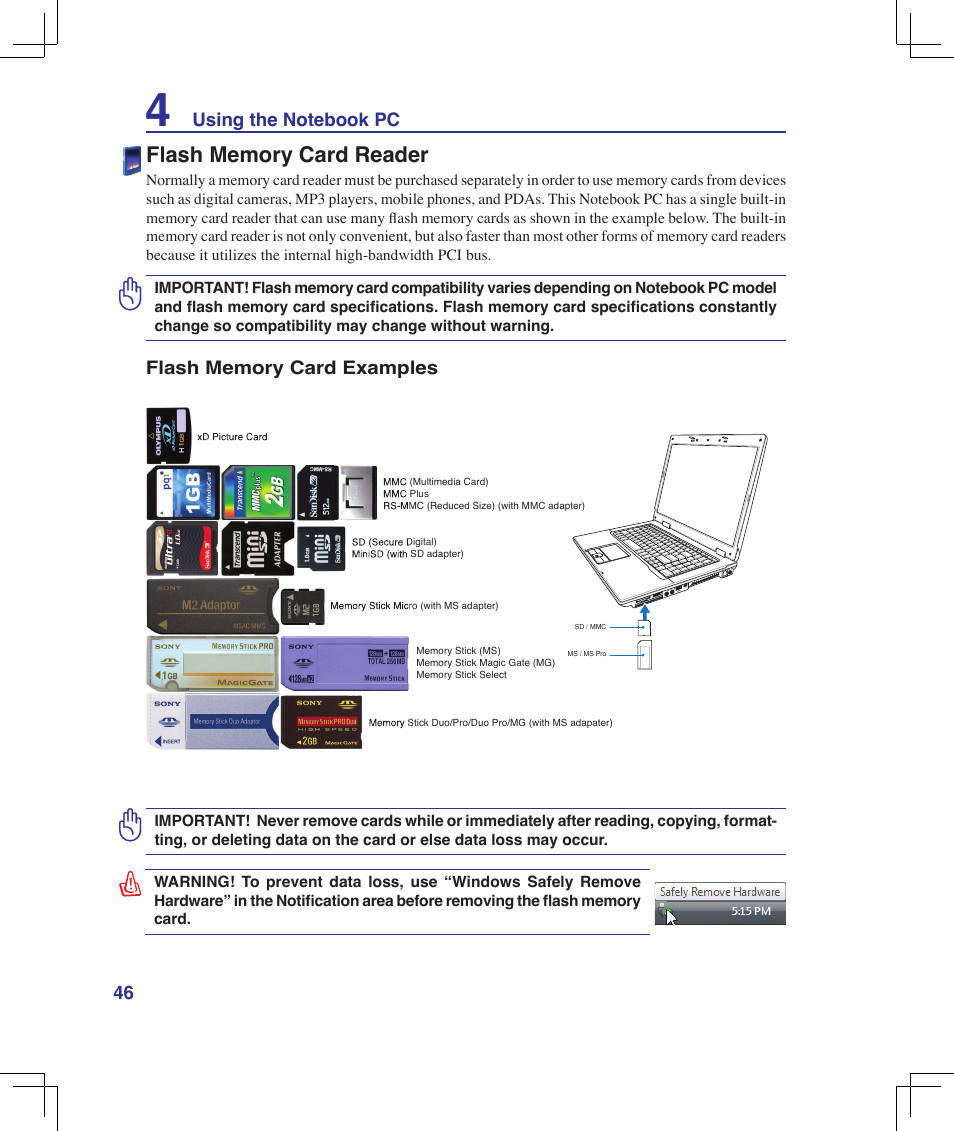 Flash memory card reader | Asus B50A User Manual | Page 46 / 93