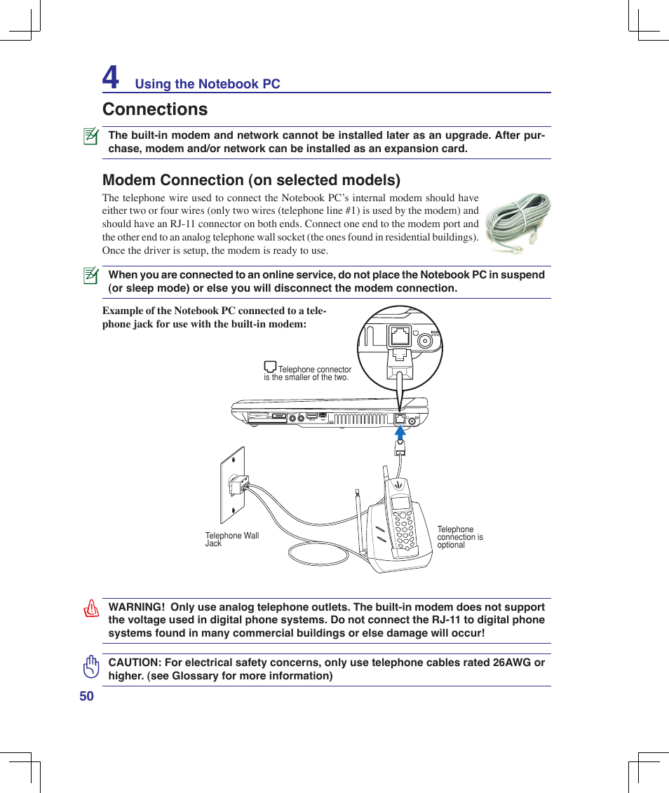 Connections, Modem connection (on selected models) | Asus B50A User Manual | Page 50 / 93