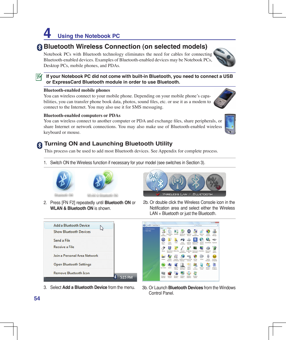 Bluetooth wireless connection (on selected models) | Asus B50A User Manual | Page 54 / 93