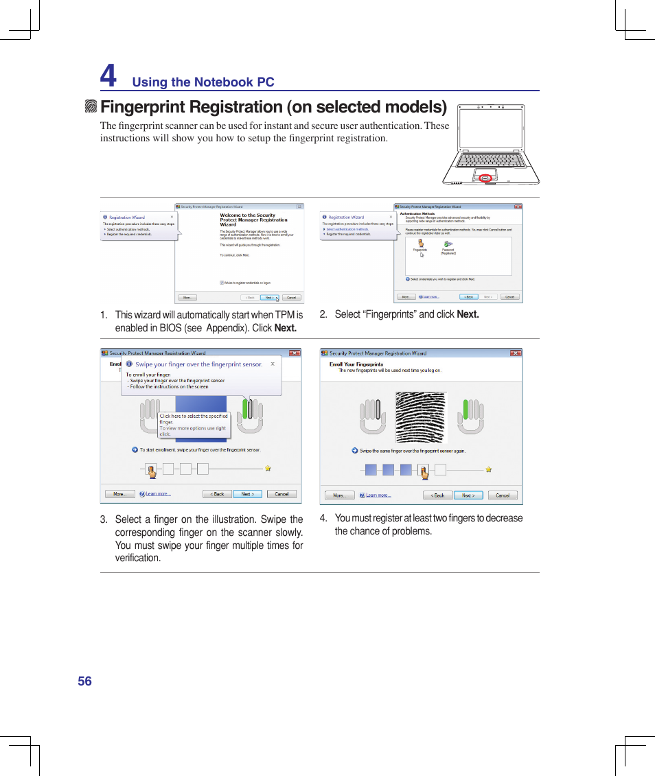 Fingerprint registration (on selected models) | Asus B50A User Manual | Page 56 / 93