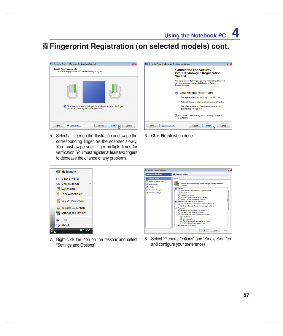 Fingerprint registration (on selected models) cont | Asus B50A User Manual | Page 57 / 93