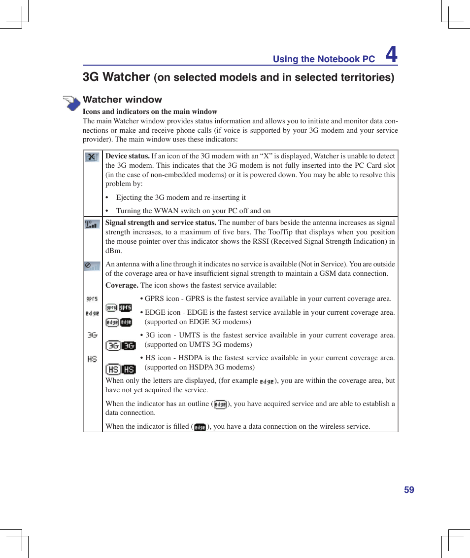 3g watcher, On selected models and in selected territories) | Asus B50A User Manual | Page 59 / 93