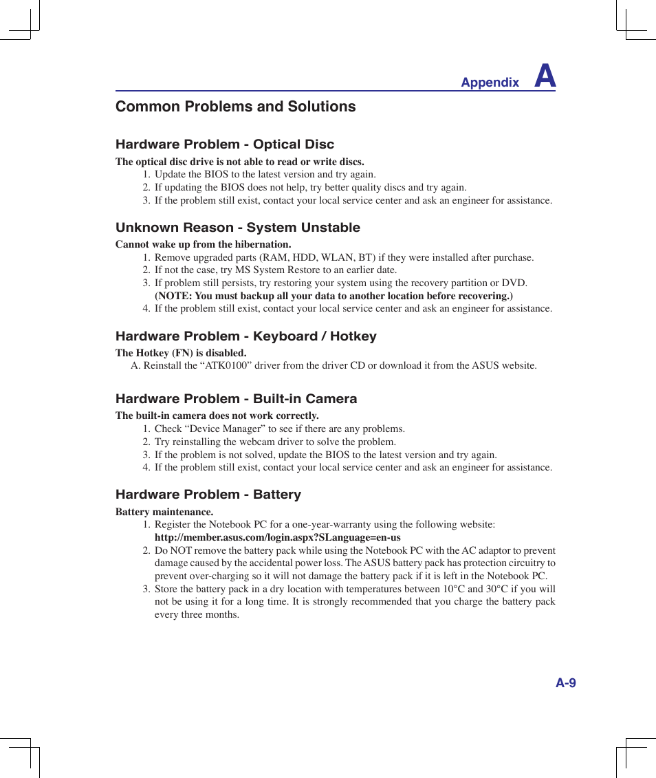 Common problems and solutions | Asus B50A User Manual | Page 69 / 93