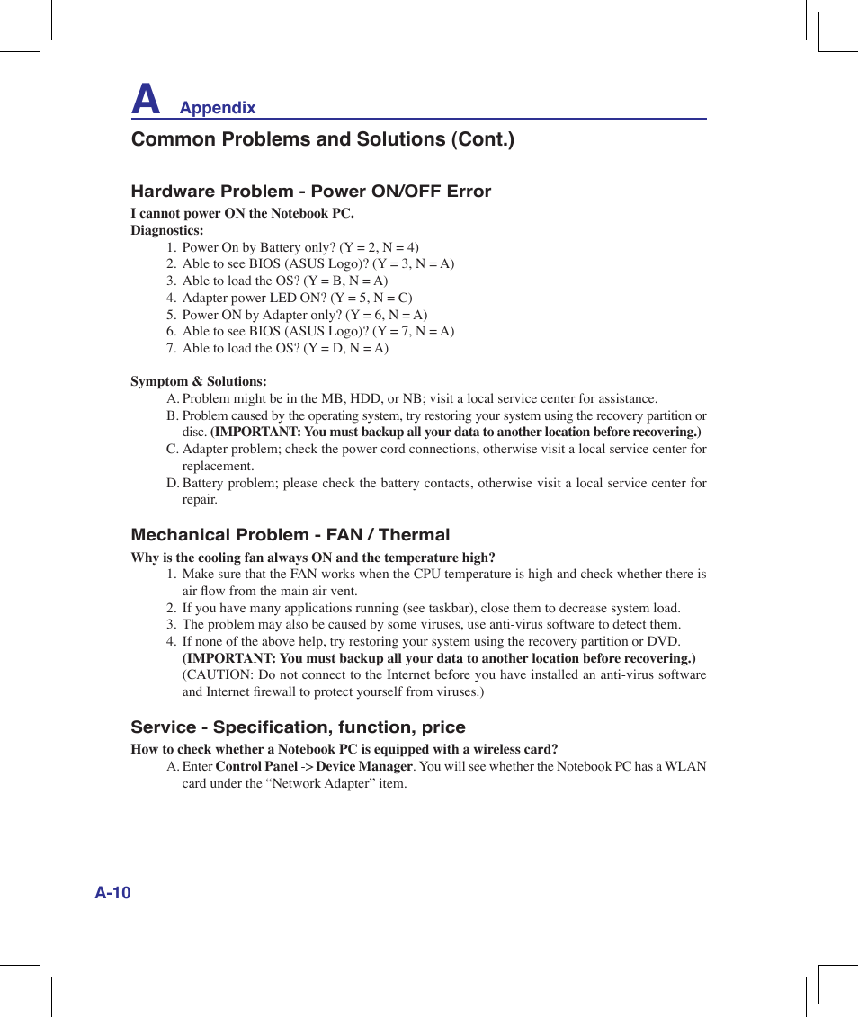 Common problems and solutions (cont.) | Asus B50A User Manual | Page 70 / 93