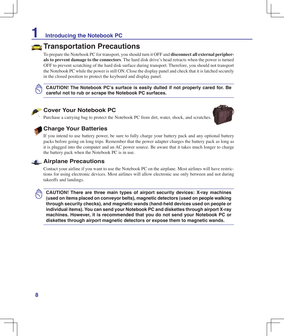 Transportation precautions | Asus B50A User Manual | Page 8 / 93