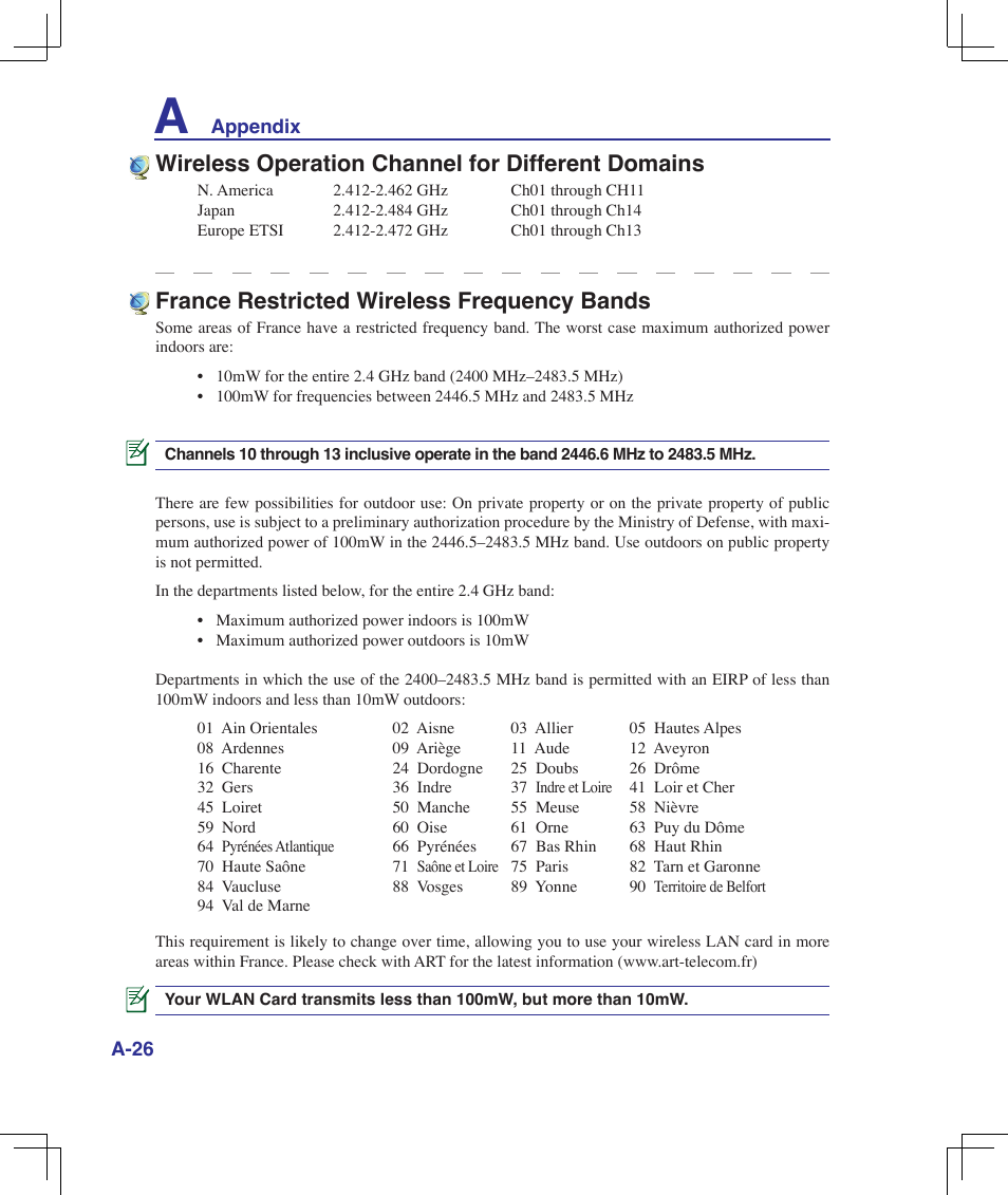 France restricted wireless frequency bands, Wireless operation channel for different domains | Asus B50A User Manual | Page 86 / 93