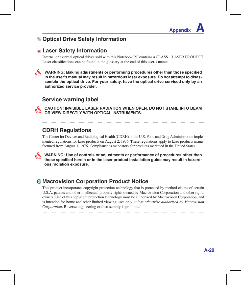 Service warning label, Cdrh regulations, Macrovision corporation product notice | Asus B50A User Manual | Page 89 / 93