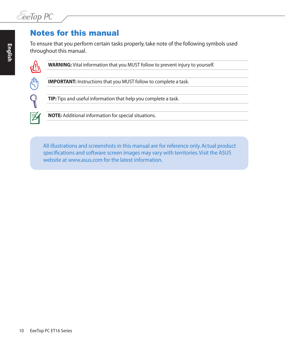 Notes for this manual | Asus ET1610PT User Manual | Page 10 / 36