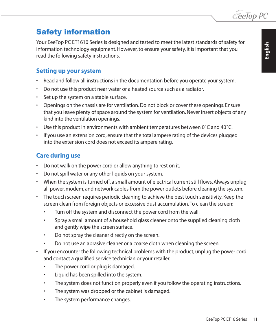 Safety information, Setting up your system, Care during use | Asus ET1610PT User Manual | Page 11 / 36